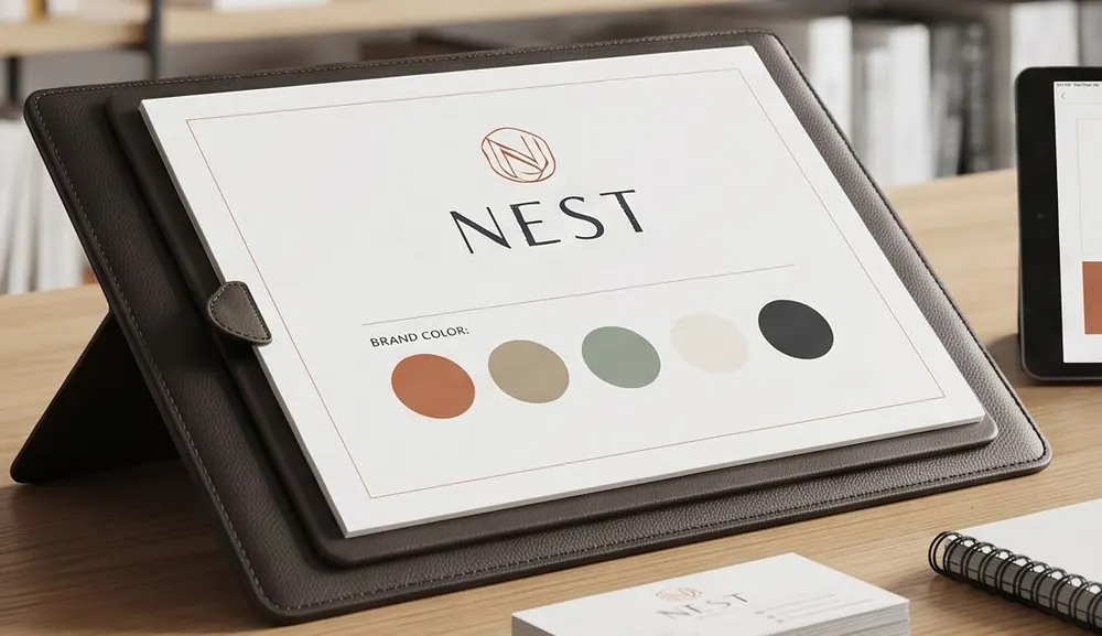 Logo e palette colori presentati su tablet
