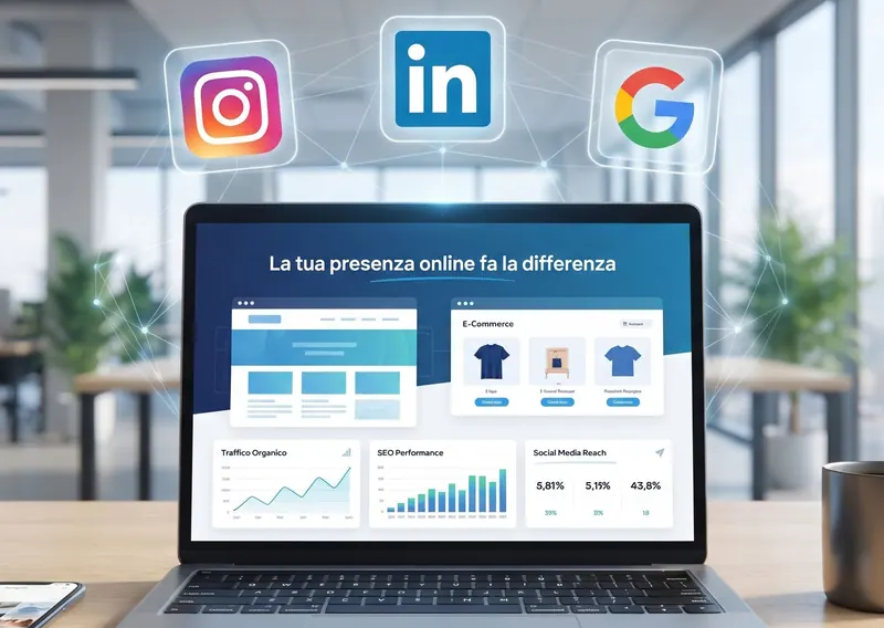 Icone dei social network e del motore di ricerca collegate a un laptop con la presenza online dell'azienda
