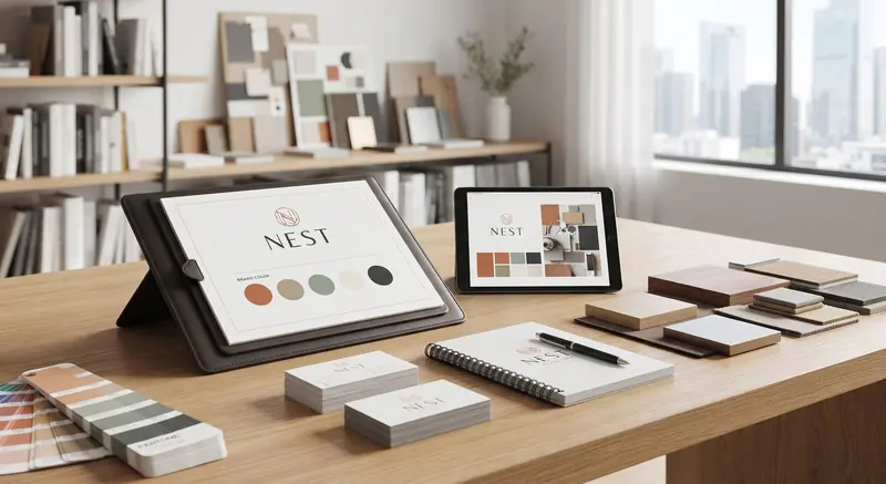 Scrivania con brand identity, palette colori, biglietti da visita e materiali coordinati