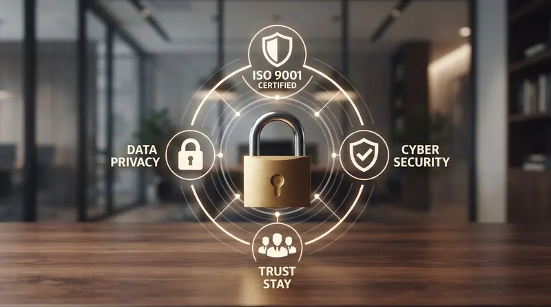 Lucchetto con le icone di ISO 9001, data privacy, cybersecurity e TrustStay