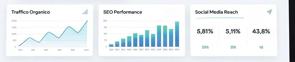 Grafici di traffico organico, andamento SEO e copertura social