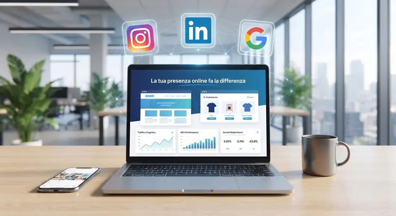 Laptop con sito web, e-commerce e dati di traffico organico e SEO, smartphone sulla scrivania