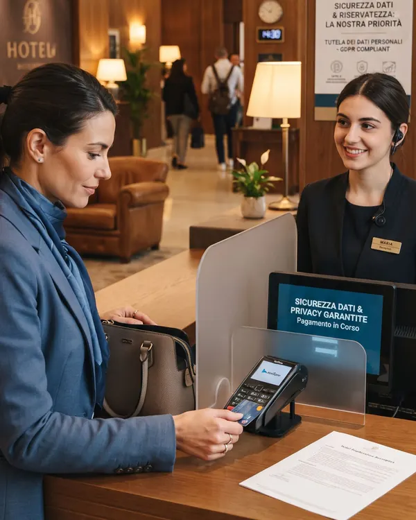 Ospite al check-in di un hotel mentre paga con carta, con la receptionist e un avviso sulla tutela dei dati personali